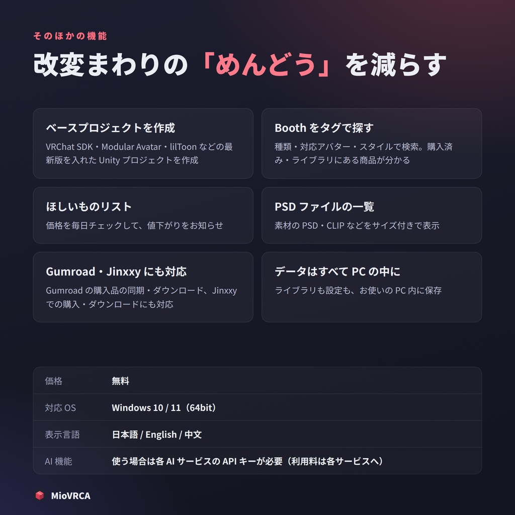 【無料】MioVRCA|VRChat 改変素材マネージャー