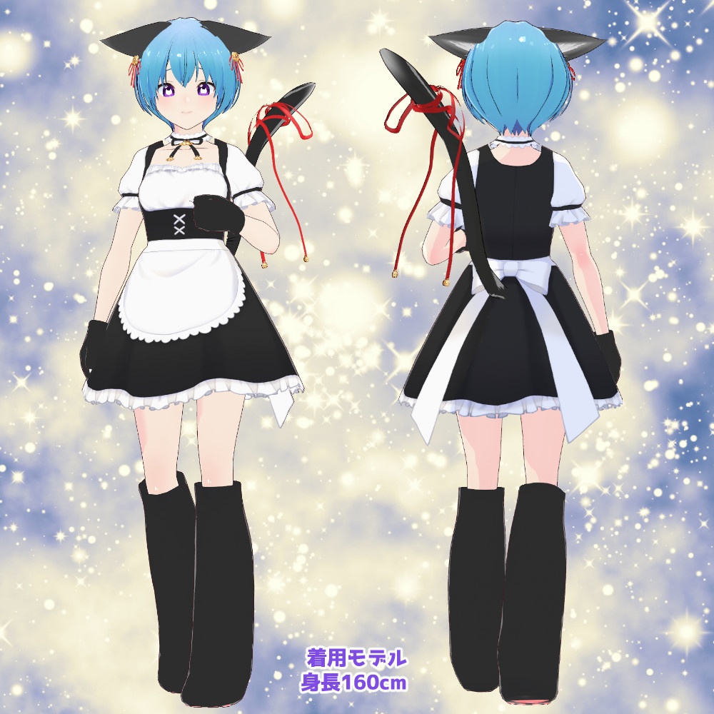 【カスタムアイテム+vroidファイル】イカ耳猫耳とリボン巻き猫尻尾セット【正式版】