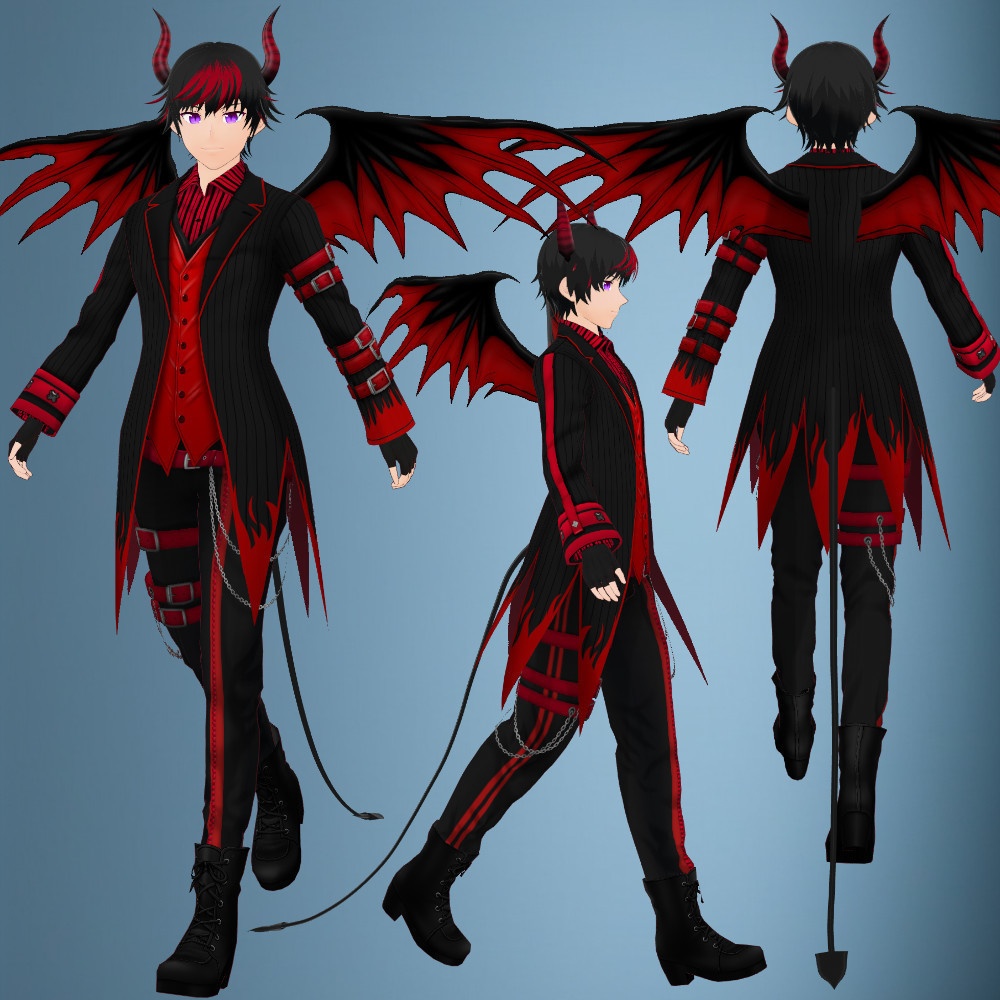 【無料】ツノ・尻尾・羽付き 悪魔風フルコーデセット、モデル入り【vroid・VRM・VRoidカスタムアイテム】