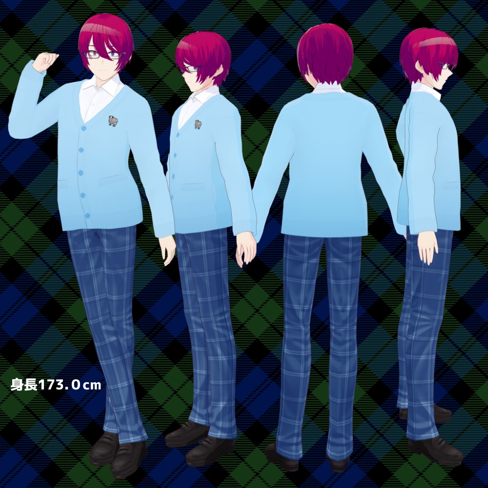 【VRoid正式版】アニメ風、赤紫髪のメガネ青年アバターモデル【vroid・VRM】