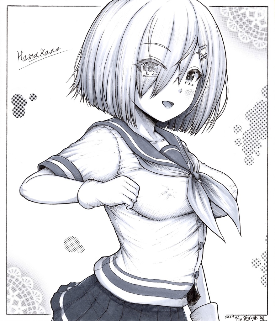 【浜風】艦これ 艦隊これくしょん モノクロ 原画 ※中色紙 小色紙 同人手描きイラスト