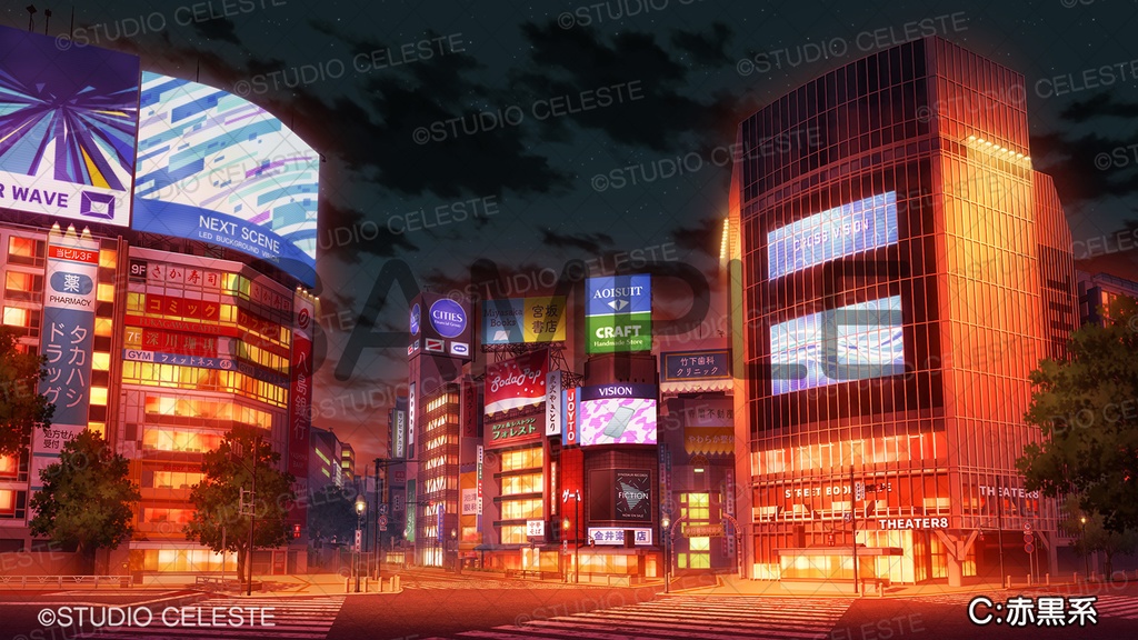 【背景素材集】渋谷スクランブル交差点(夜セット)