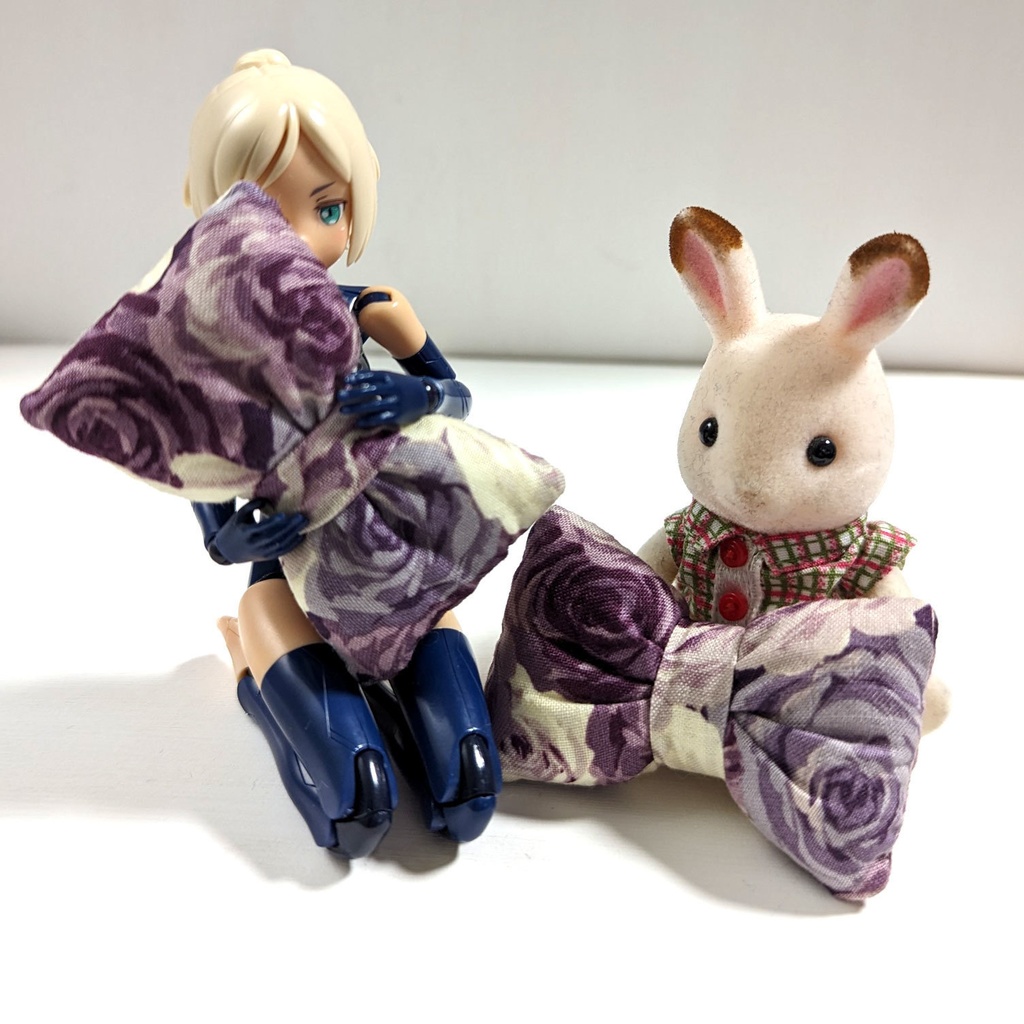 ミニチュアリボンクッション/薔薇柄・紫・2個