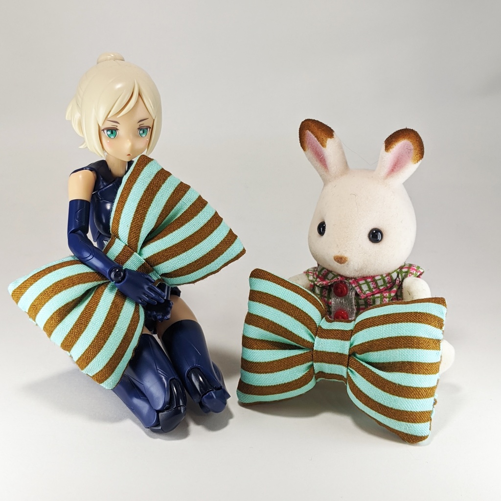 ミニチュアリボンクッション/ストライプ・ミントブルー+ブラウン(A)・2個