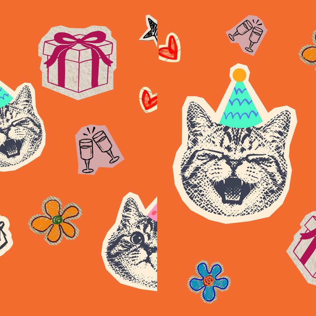 猫のバースデーコラージュ＊手描き風デジタルペーパー12枚セット