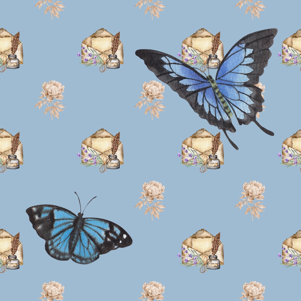 • 【背景素材】アンティークな青い蝶のデジタルペーパー 6枚セット 2000×2000px(Canva Pro使用/PNG/商用利用OK)