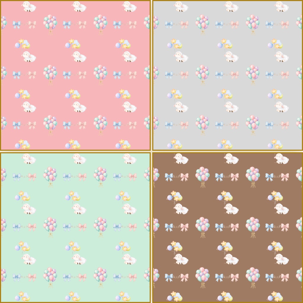 ふわふわ羊と風船のパステルデジタルペーパー 24枚|水彩風・かわいい背景素材|2000×2000 PNG