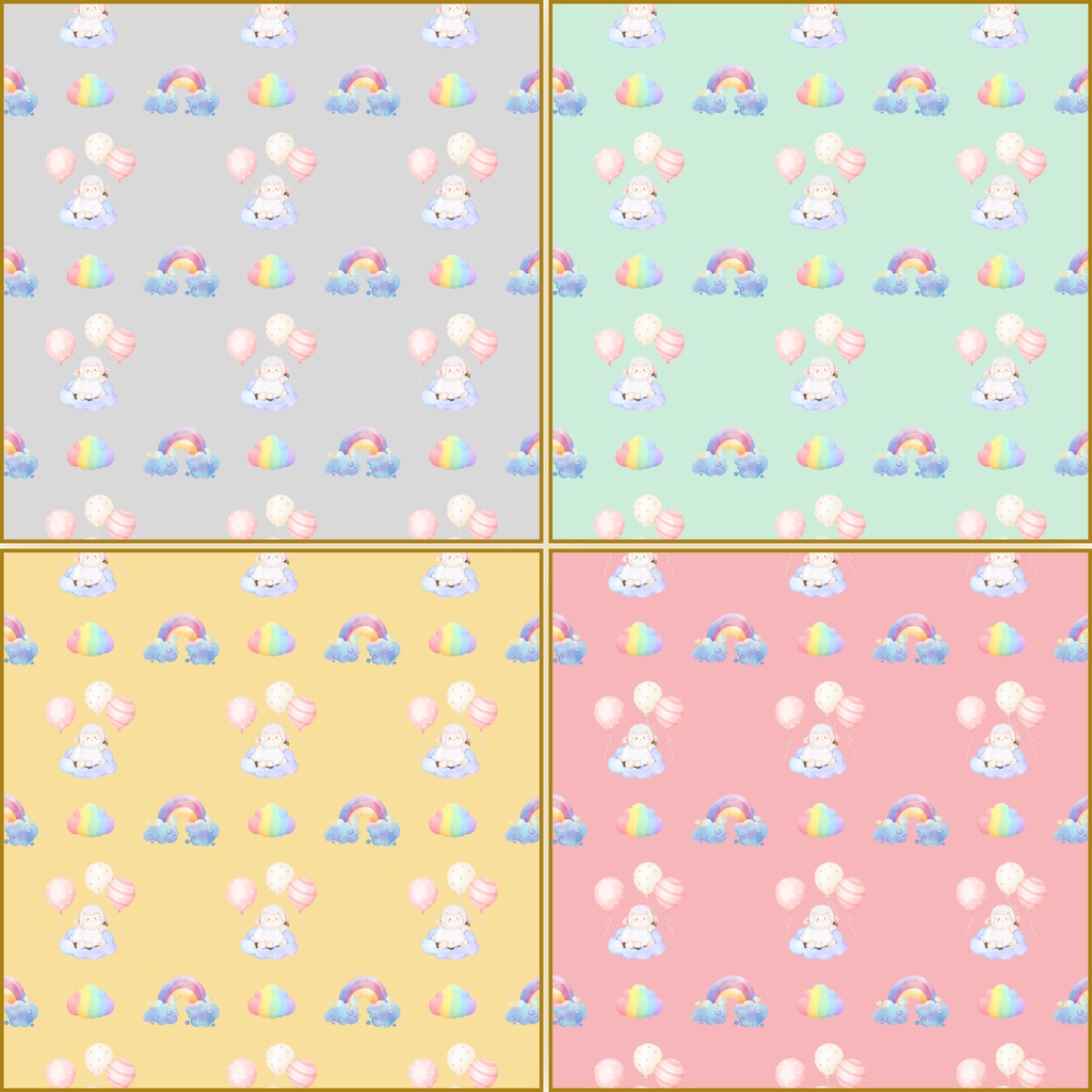 ふわふわ羊と風船のパステルデジタルペーパー 24枚|水彩風・かわいい背景素材|2000×2000 PNG