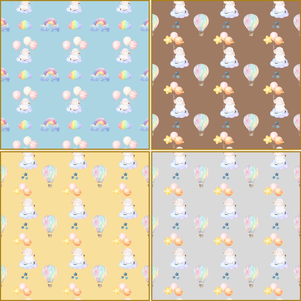 ふわふわ羊と風船のパステルデジタルペーパー 24枚|水彩風・かわいい背景素材|2000×2000 PNG