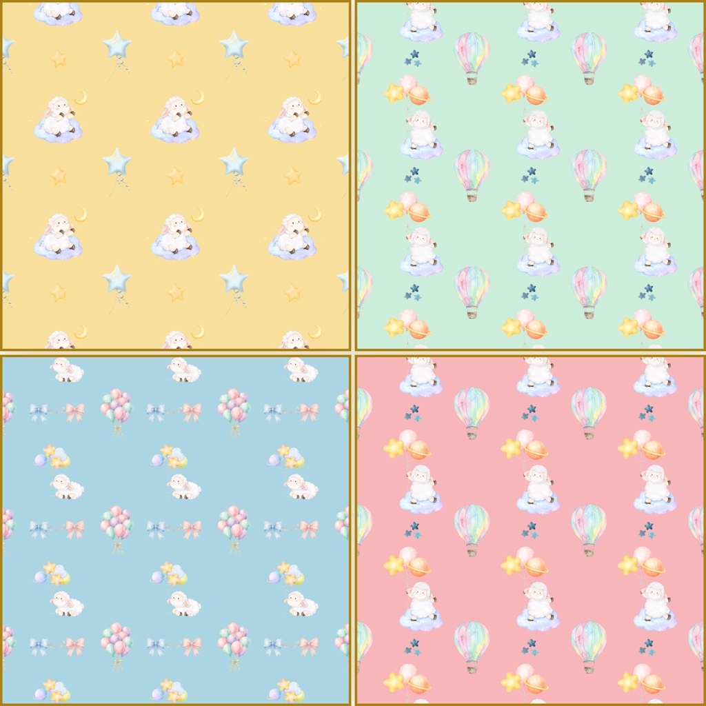 ふわふわ羊と風船のパステルデジタルペーパー 24枚|水彩風・かわいい背景素材|2000×2000 PNG
