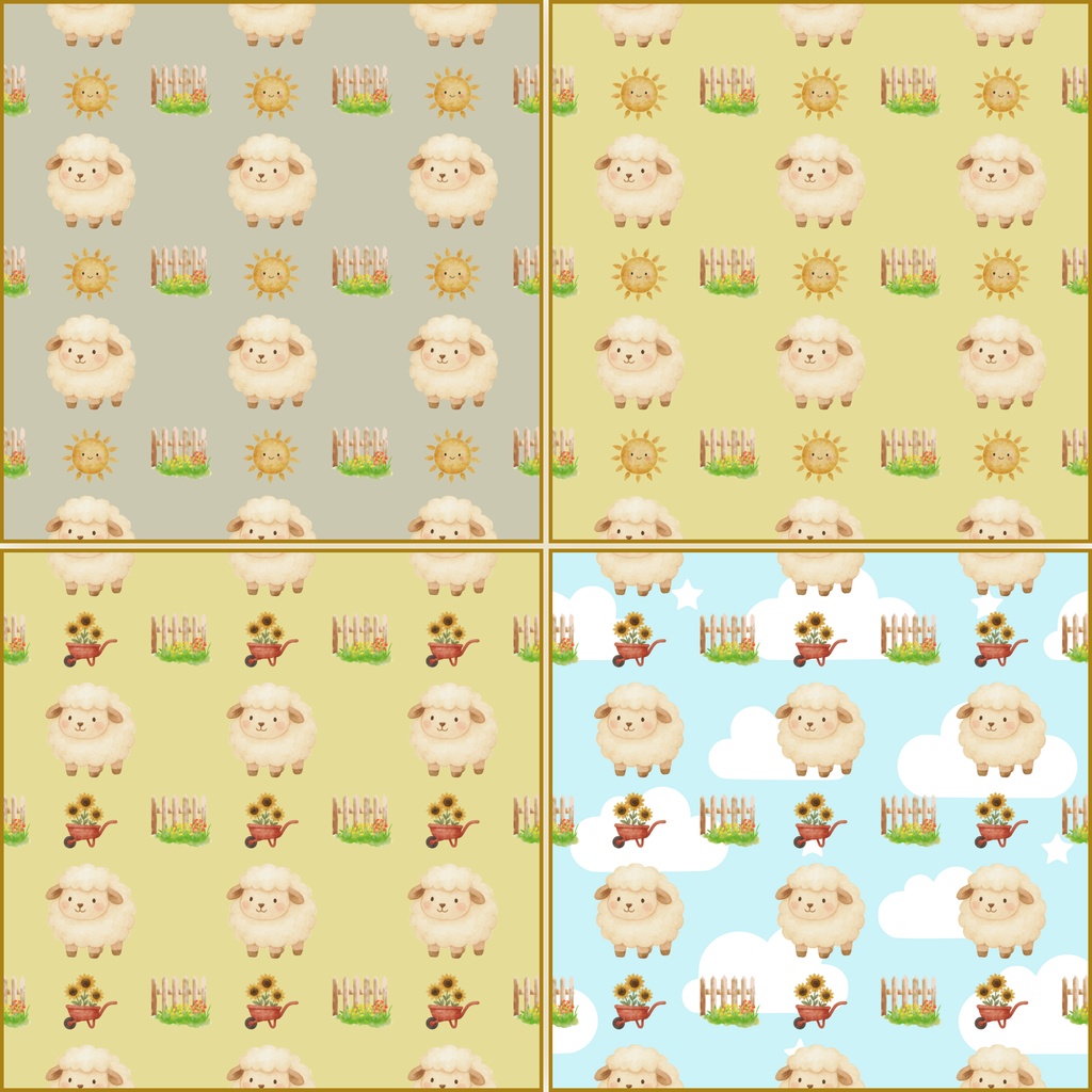 ふわふわ羊の水彩デジタルペーパー 4柄セット|ひつじ・牧場・花・パステル背景素材 PNG 2000×2000