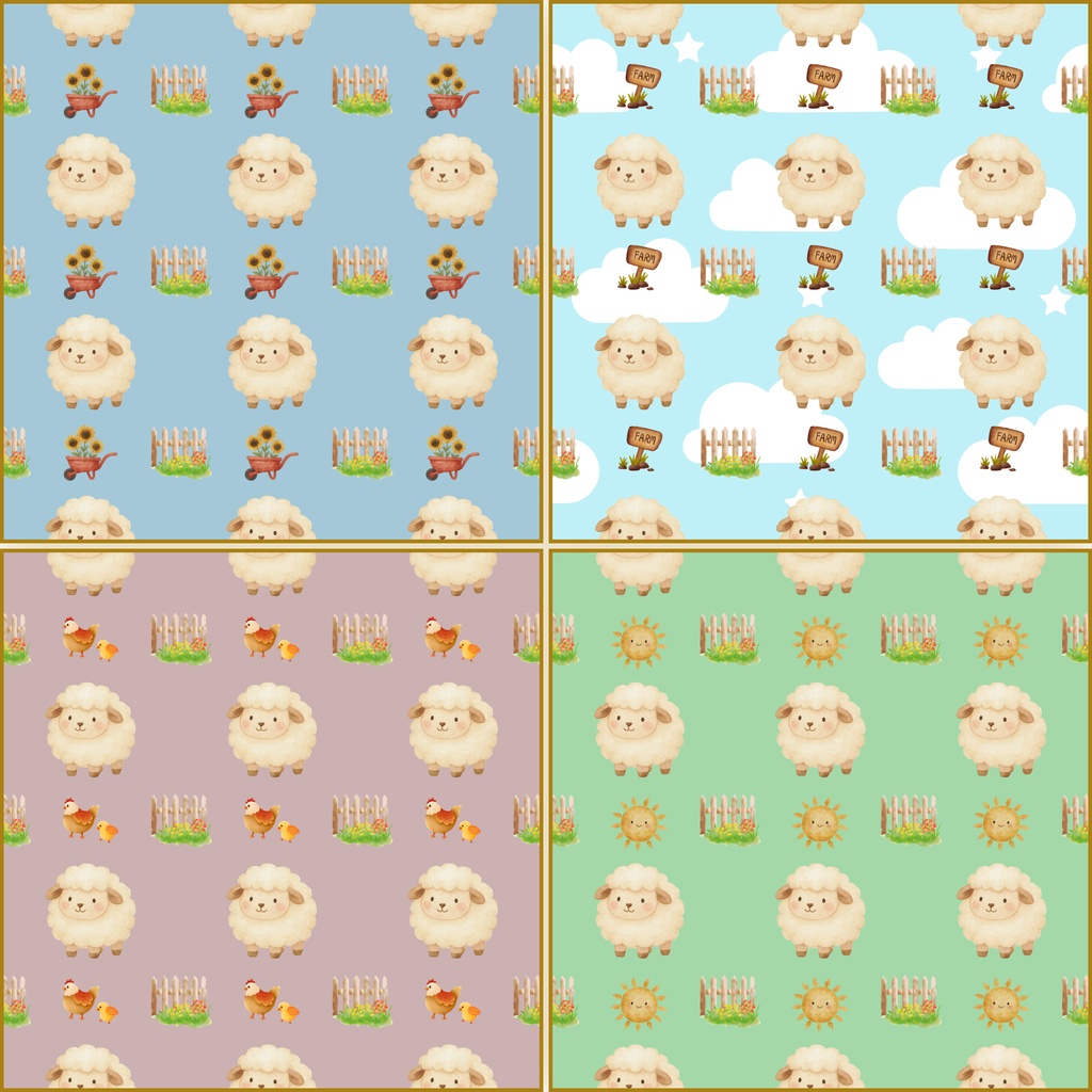 ふわふわ羊の水彩デジタルペーパー 4柄セット|ひつじ・牧場・花・パステル背景素材 PNG 2000×2000