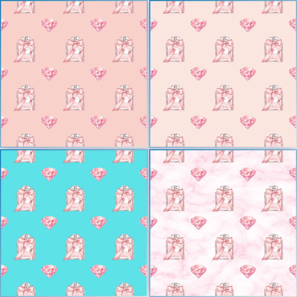 大人かわいいピンクのデジタルペーパー 4柄セット|香水・コスメ・フラミンゴ・宝石柄 PNG 2000×2000