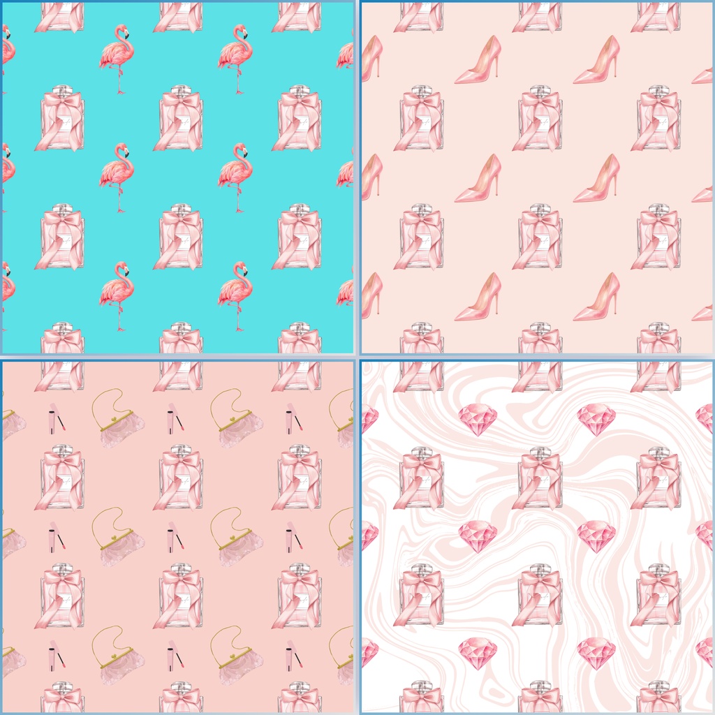 大人かわいいピンクのデジタルペーパー 4柄セット｜香水・コスメ・フラミンゴ・宝石柄 PNG 2000×2000
