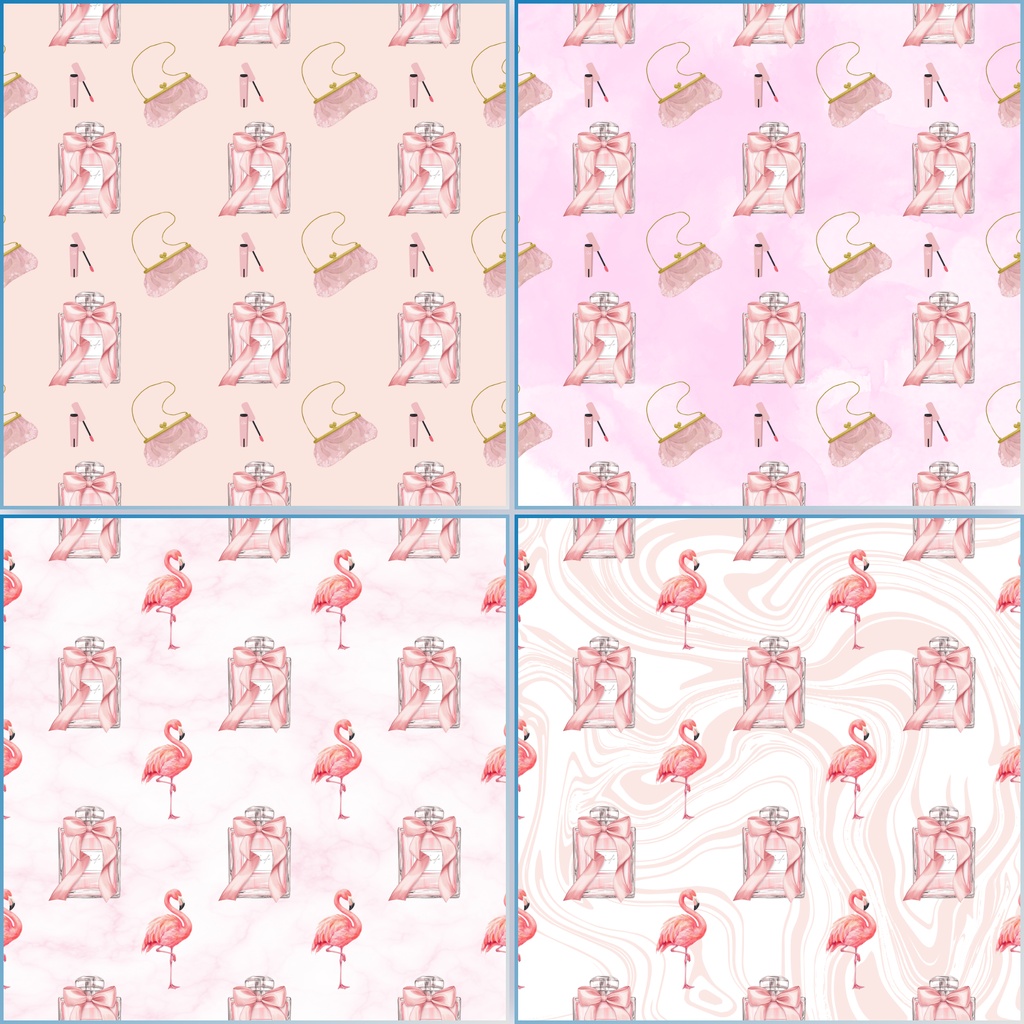 大人かわいいピンクのデジタルペーパー 4柄セット|香水・コスメ・フラミンゴ・宝石柄 PNG 2000×2000