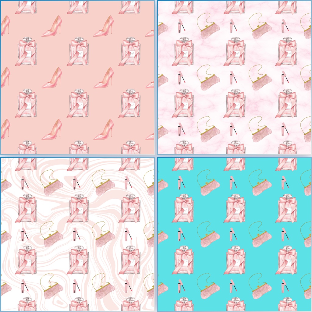 大人かわいいピンクのデジタルペーパー 4柄セット|香水・コスメ・フラミンゴ・宝石柄 PNG 2000×2000