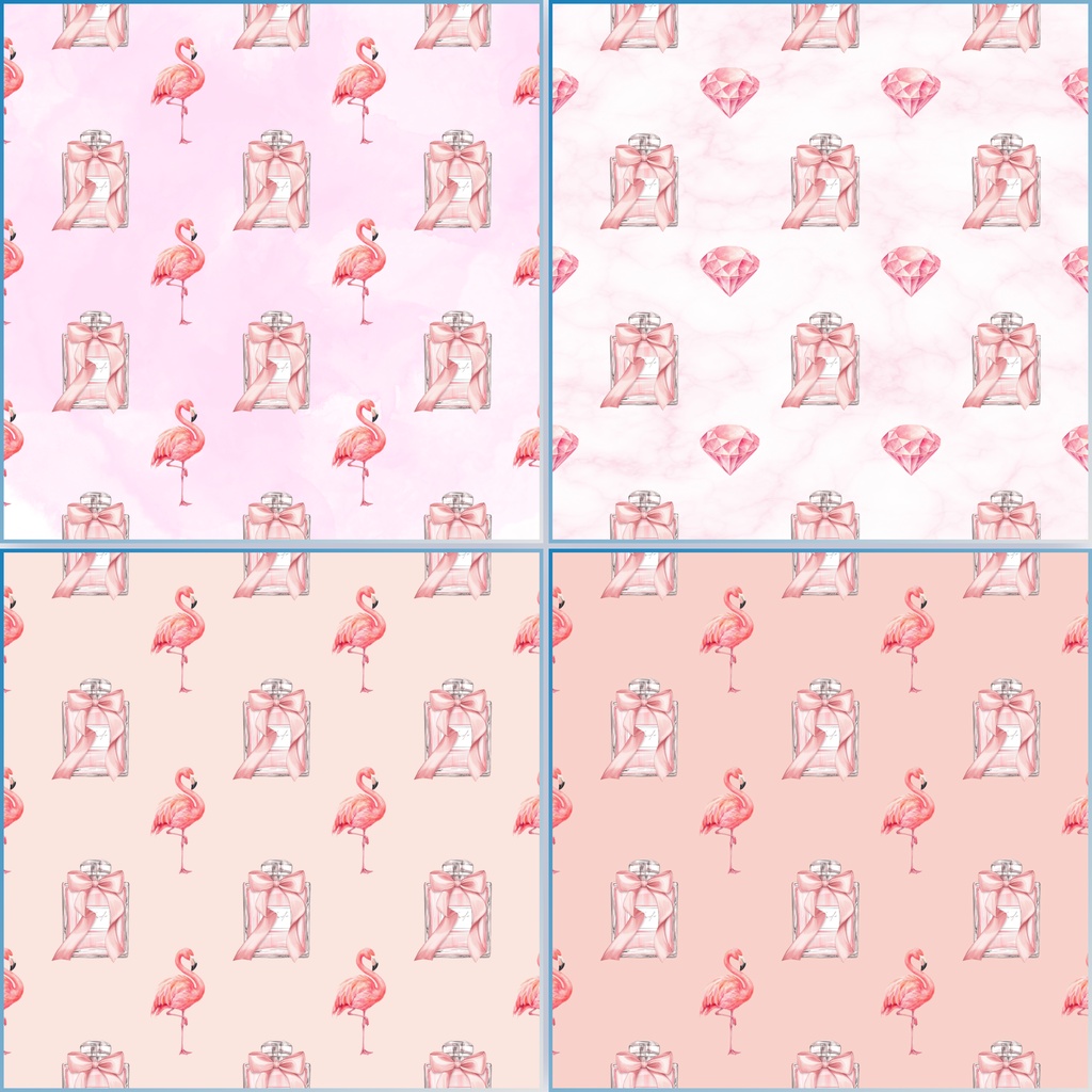 大人かわいいピンクのデジタルペーパー 4柄セット|香水・コスメ・フラミンゴ・宝石柄 PNG 2000×2000