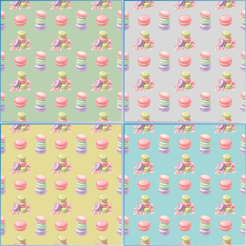 マカロン柄デジタルペーパー 4柄セット|パステルスイーツ・お菓子・リボン柄 背景素材 PNG 2000×2000
