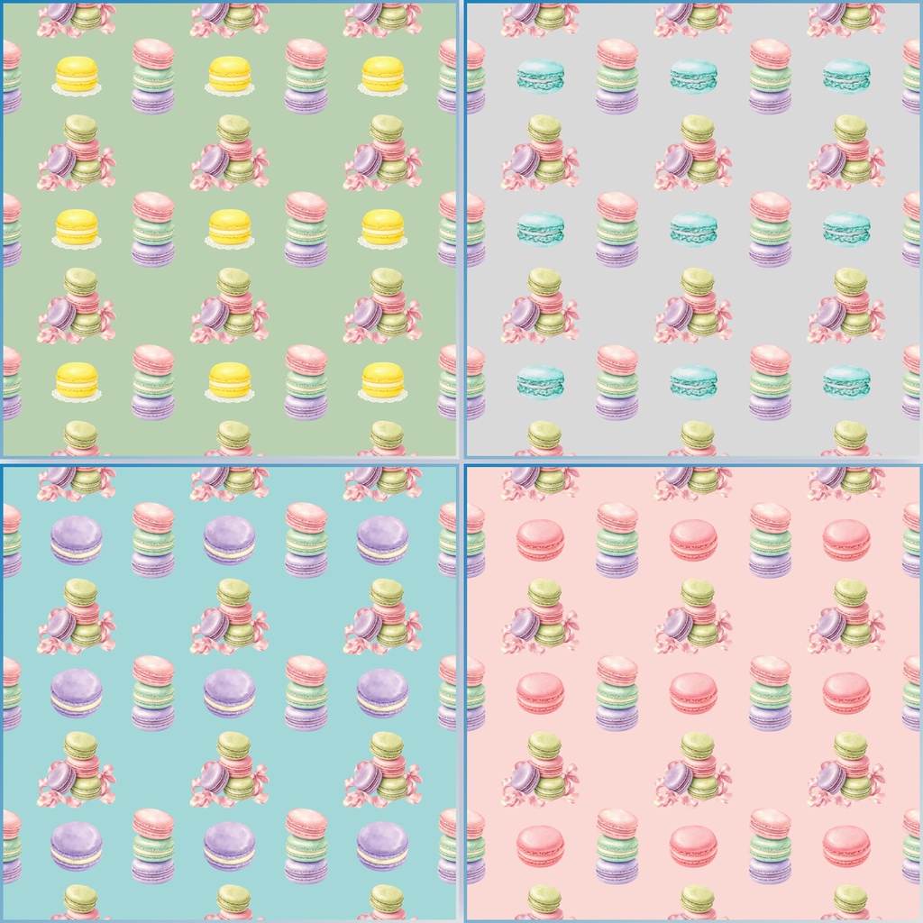 マカロン柄デジタルペーパー 4柄セット｜パステルスイーツ・お菓子・リボン柄 背景素材 PNG 2000×2000