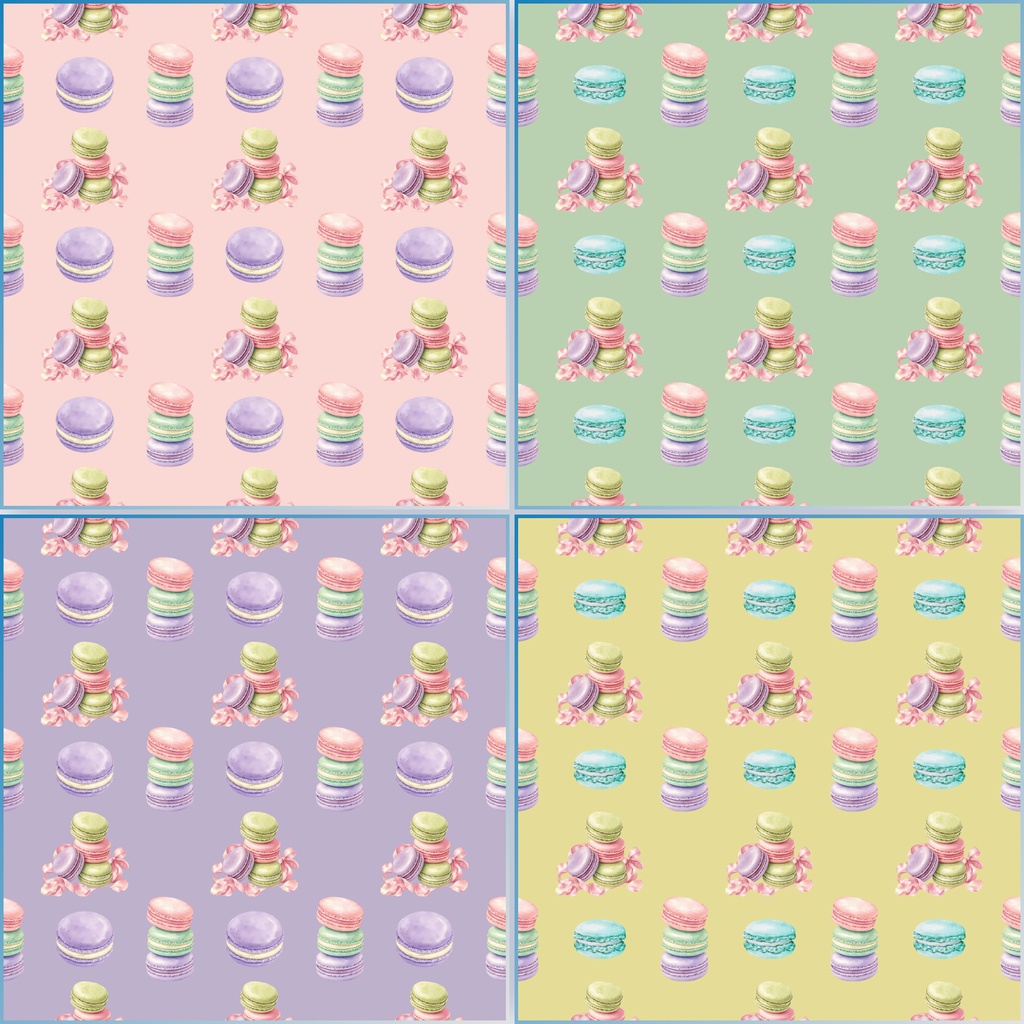 マカロン柄デジタルペーパー 4柄セット|パステルスイーツ・お菓子・リボン柄 背景素材 PNG 2000×2000