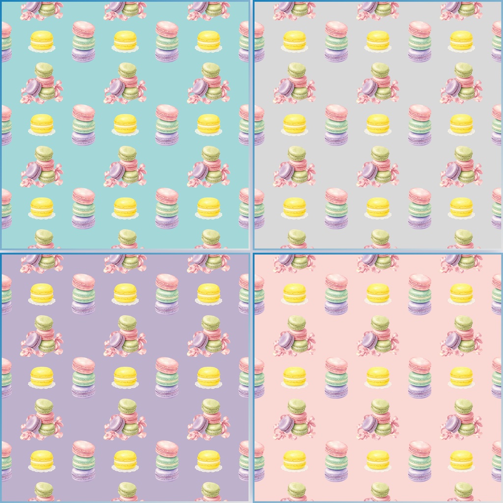 マカロン柄デジタルペーパー 4柄セット|パステルスイーツ・お菓子・リボン柄 背景素材 PNG 2000×2000