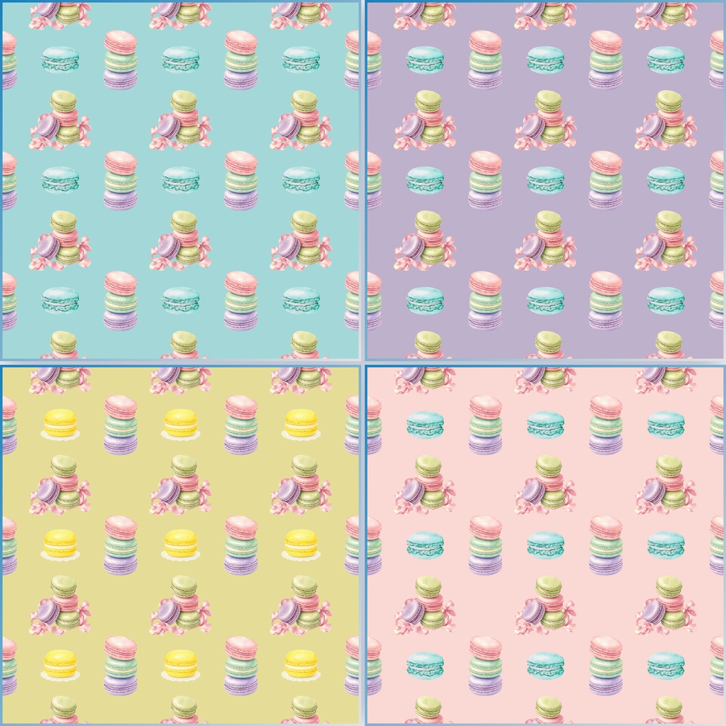 マカロン柄デジタルペーパー 4柄セット|パステルスイーツ・お菓子・リボン柄 背景素材 PNG 2000×2000