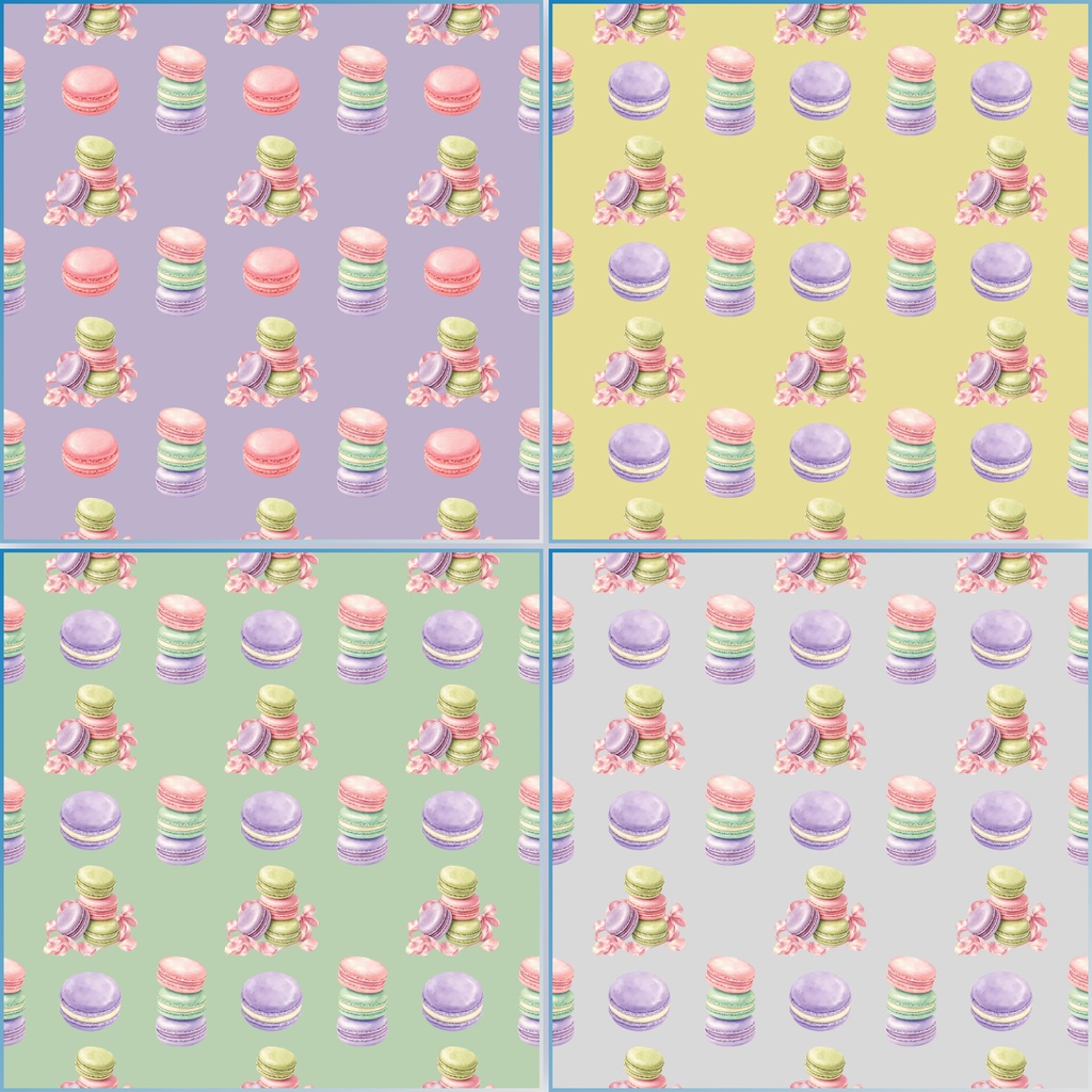 マカロン柄デジタルペーパー 4柄セット|パステルスイーツ・お菓子・リボン柄 背景素材 PNG 2000×2000