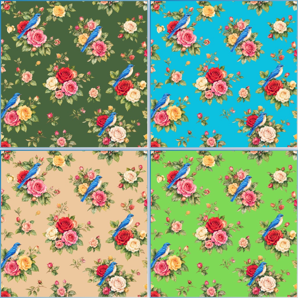 青い小鳥とバラのデジタルペーパー 16色セット|水彩ボタニカル・花柄背景素材 PNG 2000×2000