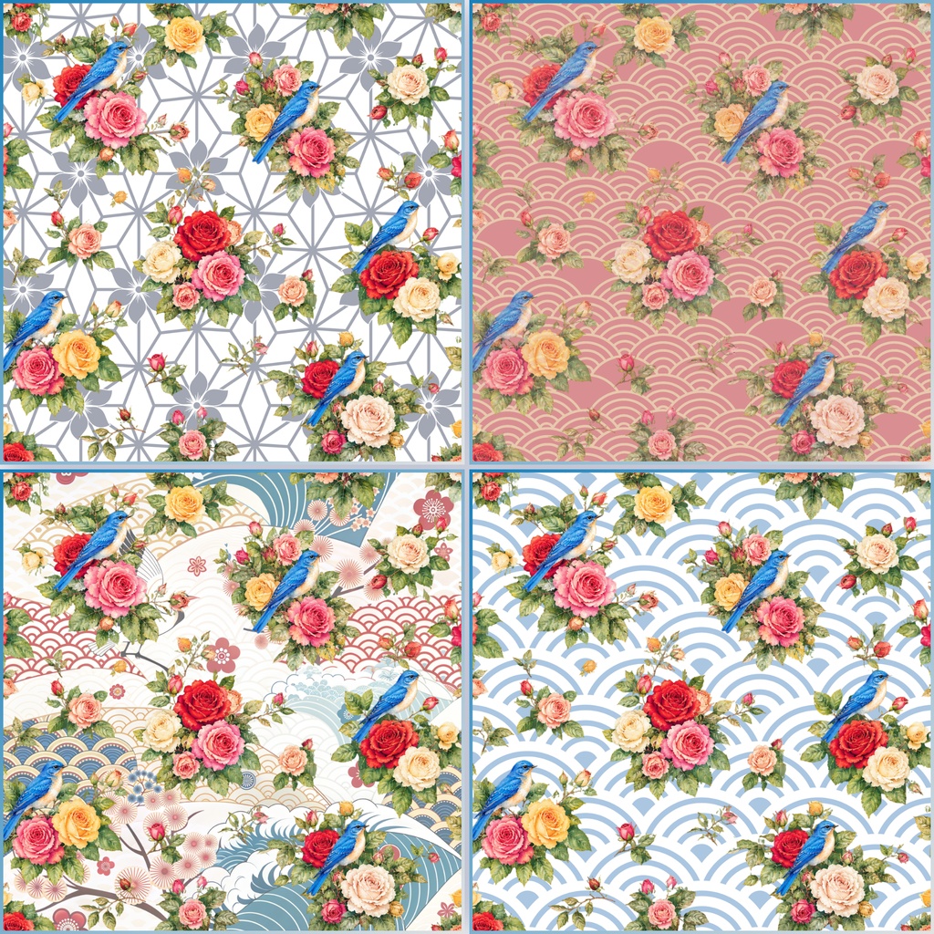 デジタルペーパー, バラ, 薔薇, 青い鳥, 小鳥, 花柄, ボタニカル, 水彩風, アンティーク, クラシック, エレガント, ローズ, 花柄背景, 背景素材, 18枚セット, 色違い, コラージュ素材, スクラップブッキング, 手帳デコ, ハンドメイド素材, ラッピング素材, 紙もの, PNG, 2000×2000