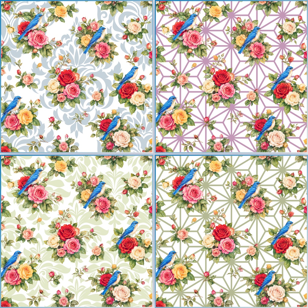 デジタルペーパー, バラ, 薔薇, 青い鳥, 小鳥, 花柄, ボタニカル, 水彩風, アンティーク, クラシック, エレガント, ローズ, 花柄背景, 背景素材, 18枚セット, 色違い, コラージュ素材, スクラップブッキング, 手帳デコ, ハンドメイド素材, ラッピング素材, 紙もの, PNG, 2000×2000