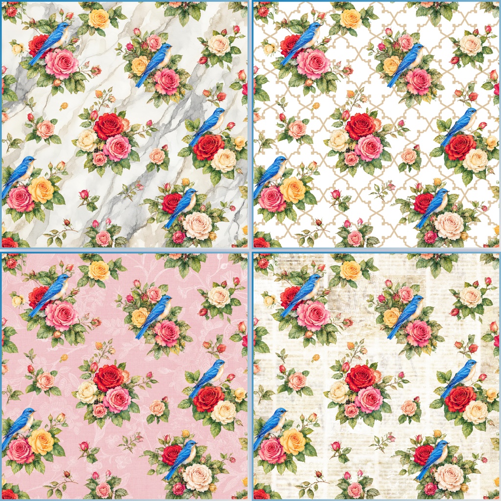 デジタルペーパー, バラ, 薔薇, 青い鳥, 小鳥, 花柄, ボタニカル, 水彩風, アンティーク, クラシック, エレガント, ローズ, 花柄背景, 背景素材, 18枚セット, 色違い, コラージュ素材, スクラップブッキング, 手帳デコ, ハンドメイド素材, ラッピング素材, 紙もの, PNG, 2000×2000