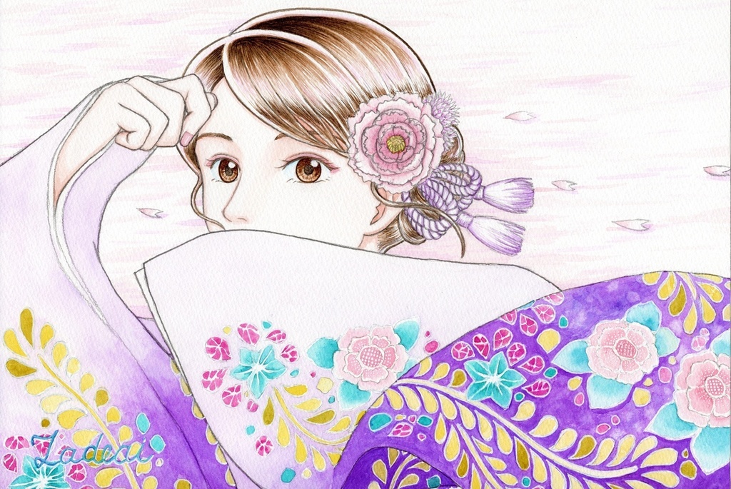 『風に舞う和装の花』A4サイズ額装原画