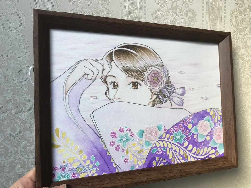 『風に舞う和装の花』A4サイズ額装原画