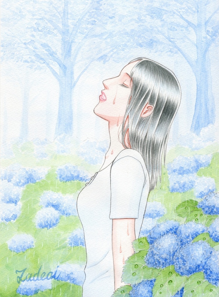 『雨の癒し』アナログ透明水彩イラストA4サイズ原画