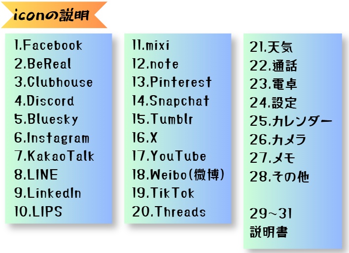 【期間限定価格~8/31まで】iphone/android icon SNS 20種 一般8種 説明書付