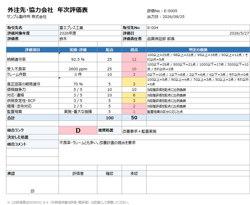 外注先評価台帳 ISO9001 8.4対応|評価表A4出力つき【Excel VBA】