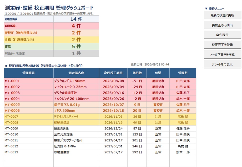 測定器の校正期限管理台帳｜開くだけで期限切れを通知【Excel VBA】