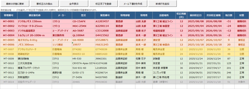 測定器の校正期限管理台帳|開くだけで期限切れを通知【Excel VBA】