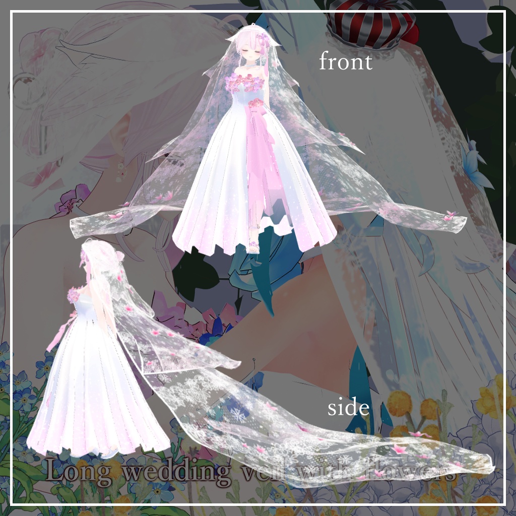 花付きロングウエディングベール-Long wedding veil with flowers-