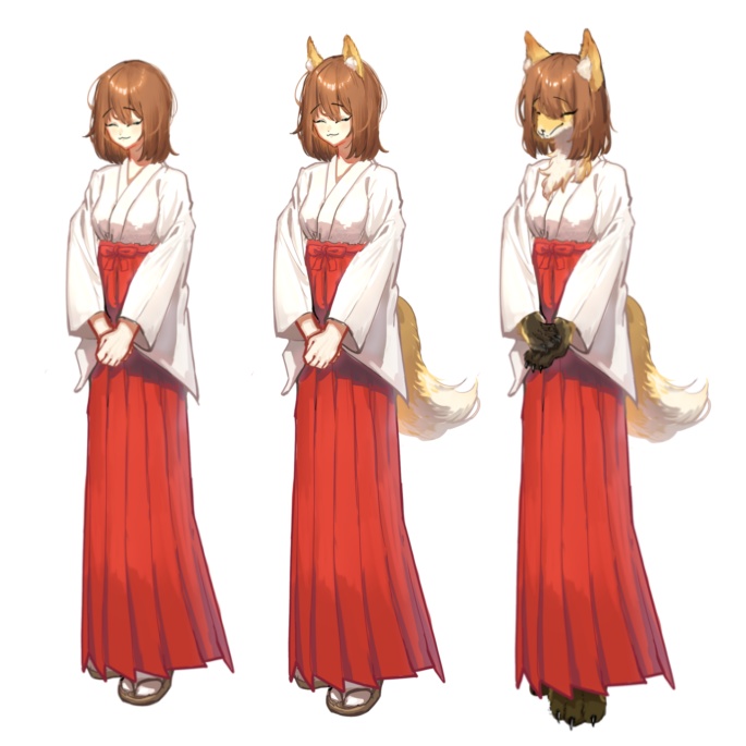 狐巫女さん立ち絵素材 人間〜ケモノ