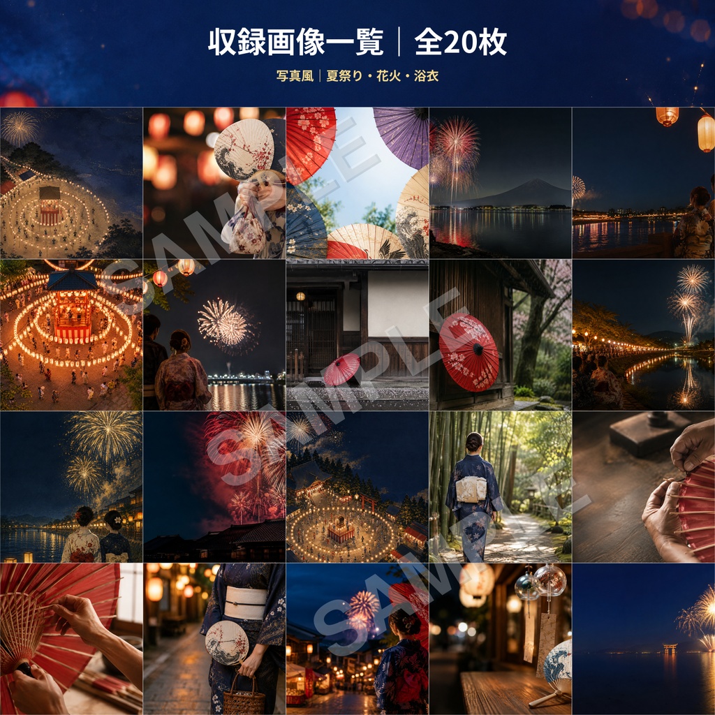【商用利用OK】日本の夏祭り・花火・浴衣・景色|AI生成PNG画像素材20枚セット