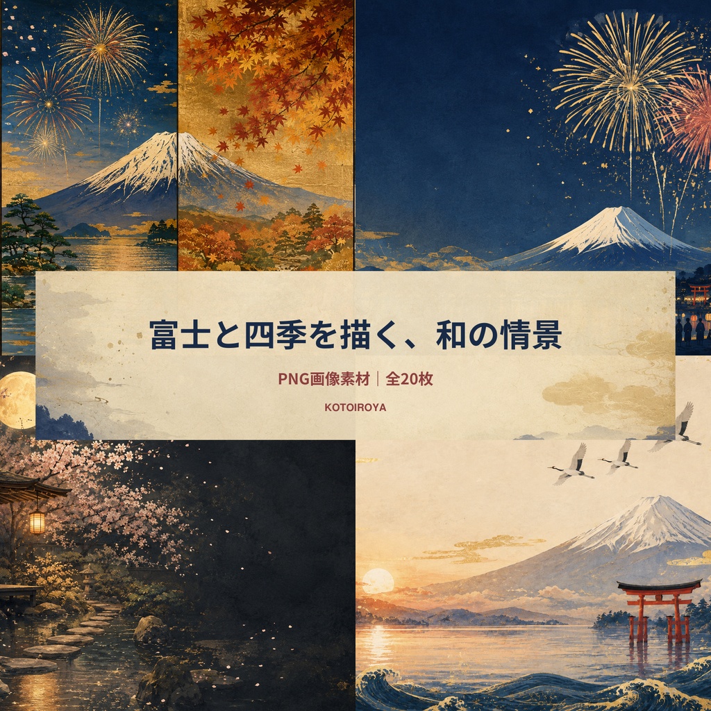 【商用利用OK】日本の富士山・花火・四季・風景|AI生成イラスト素材20枚セット