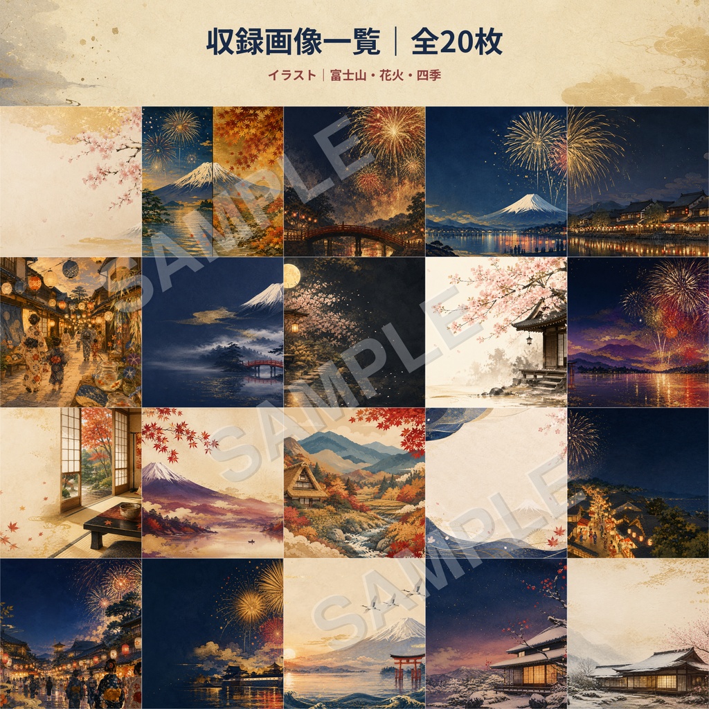 【商用利用OK】日本の富士山・花火・四季・風景|AI生成イラスト素材20枚セット