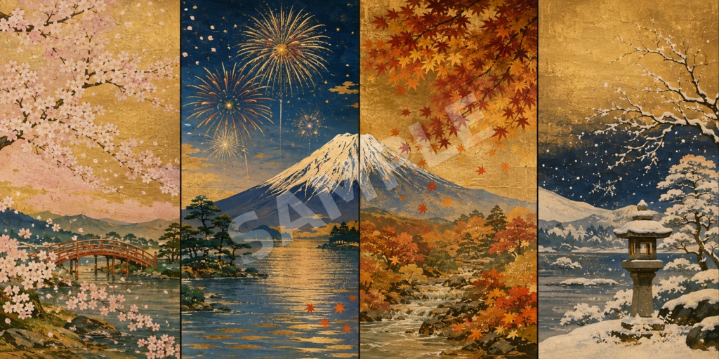 【商用利用OK】日本の富士山・花火・四季・風景|AI生成イラスト素材20枚セット