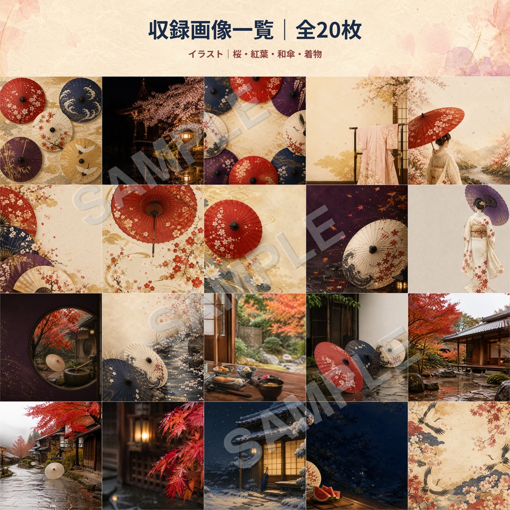 【商用利用OK】日本の和傘・着物・紅葉・桜・風景|AI生成イラスト素材20枚セット