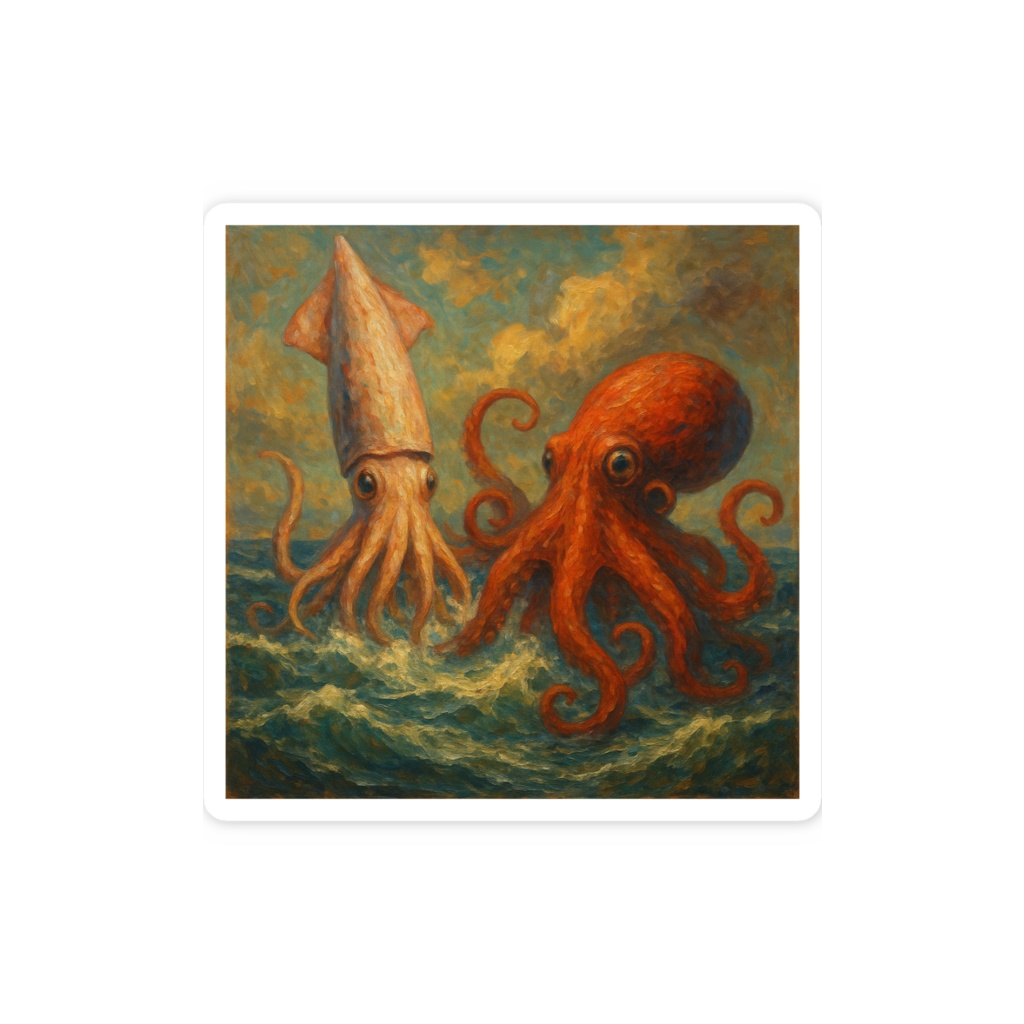イカとタコの油絵風ステッカー