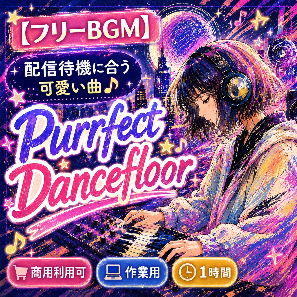 【BGM素材集】配信待機・雑談に合う可愛いベース系ダンスBGM集「Purrfect Dancefloor 他」全10曲/商用利用可