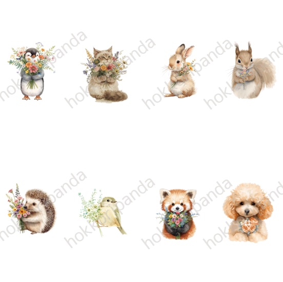 やさしい花束にのせて ありがとうの動物たち(クリップアート8点 / PNG) Watercolor Thank You Animal Clipart Set | 8 Animals with Bouquets