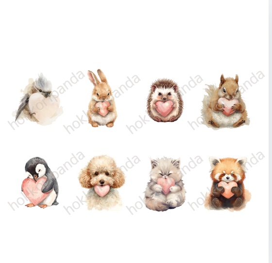 やさしいハートにのせて ありがとうの動物たち(クリップアート8点/PNG) Watercolor Thank You Heart Clipart Set | 8 Animals with Hearts