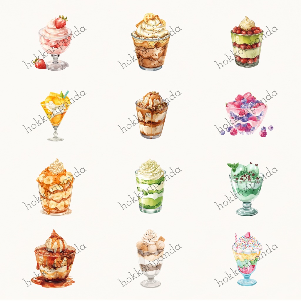 Parfait Illustration Set|水彩パフェのPNG素材(12点)